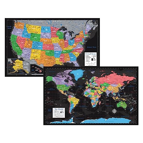 Palace Learning Laminated World Map & US Map Poster Set - 18" x 29" - Wall Chart Maps of the World & United States - Made in the USA (LAMINATED) (Black) - color: Black