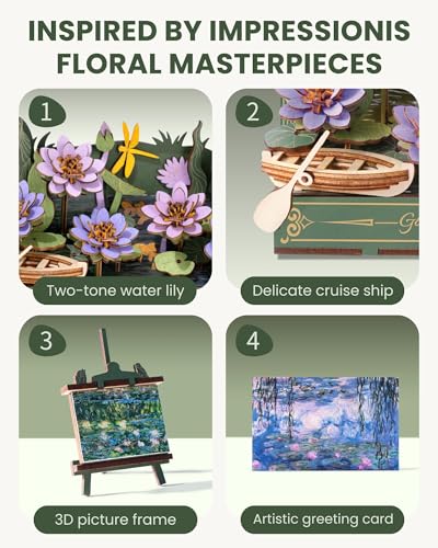 rowood Water Lily 3D Puzzle Building Set with LED,DIY Monet Wall Art Craft Kits for Adults,Home Decor Botanical Collection Gift on Christmas - style: Glittering Water Lily