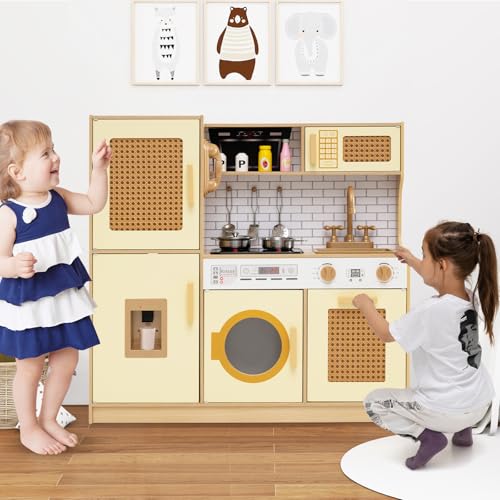 Costzon Kids Kitchen Playset, Wooden Toddler Montessori Pretend Play Toy w/Rattan Door, Light & Sound, Water Dispenser, Washing Machine, Range Hood, Cookware, Play Kitchen for Kids 3+, Gift (Yellow) - color: Rattan Yellow