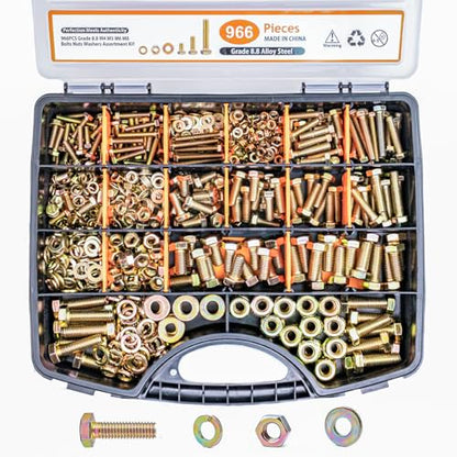 966PCS Metric Bolt Assortment Kit - M4,M5,M6,M8 Grade 8.8 Alloy Steel Bolts and Nuts Kit with Professional Sturdy Labeled Storage Box, 12-30mm, for DIY, Automotive, Furniture & Machinery Repair - size: 966 PCS M4, M5, M6