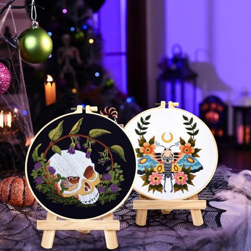 Gothic Skull Embroidery Starter Kits for Beginners Adults, Halloween Stamped Cross Stitch Kit for Beginners Adults, Flowers Hand Embroidery Needlepoint Kit, 2 Embroidery Hoop (Attached Video Tutorial) - color: Skull, size: 8inch