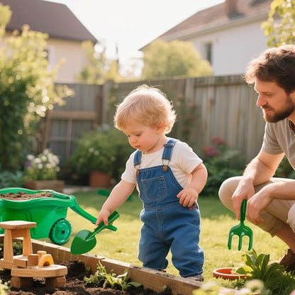 Kids Gardening Tools with Outdoor Yard Wheelbarrow Set Toys, Ages 3+ - color: Green-4pcs
