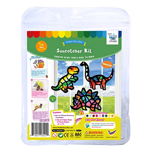 VHALE Suncatchers Craft 3 Sets (9 Cutouts) w Tissue Papers Stained Glass Effect Paper Sun Catcher Kit, Window Art, Classroom Crafts, Creative Art Projects, Kids Party Favors (Dinosaur) - style: Dinosaur