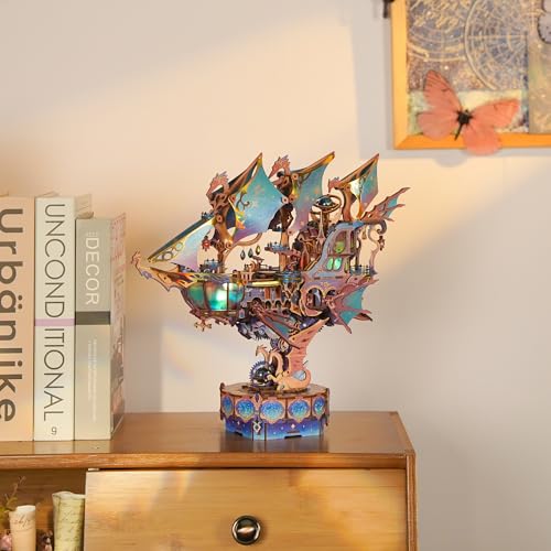 Tonecheer 3D Wooden Puzzle Airship Model Kit, DIY Transmission Model Fantasy Ship Spaceship with Music, Movable Building Kit Starlight Craft Mechanical Decor Idea Gift for Adults - Magical Galaxy - style: Magical Galaxy