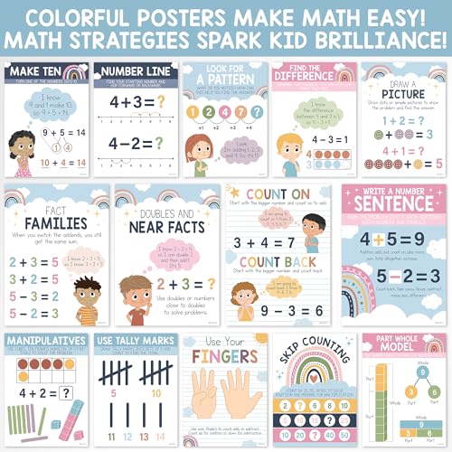 BrightenKidz Math Posters for Classroom, 14 Pack 8.5x11 Boho Educational