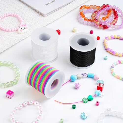 1 mm Stretchy Bracelet String with Scissors Beading Needle, 4 Rolls,660FT - color: Black, White, Rainbow