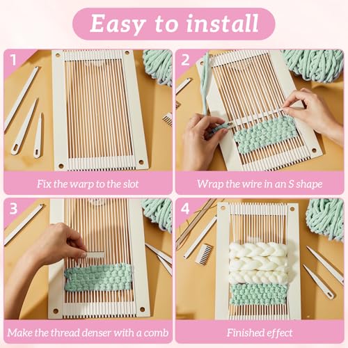 7 Pcs Rectangle Weaving Loom Kit, Wooden DIY Craft Small Weaving Loom Bookmark Looms with Wooden Stick, Comb, Crochet Needle for Beginners Adults, Creative Art Projects Gift for Mother's Day Birthday