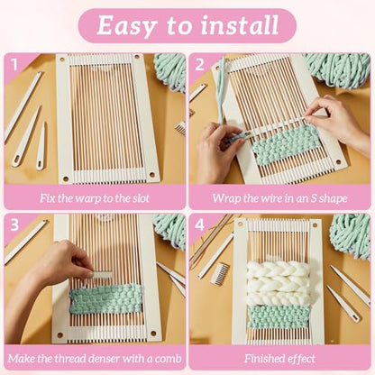 7 Pcs Rectangle Weaving Loom Kit, Wooden DIY Craft Small Weaving Loom Bookmark Looms with Wooden Stick, Comb, Crochet Needle for Beginners Adults, Creative Art Projects Gift for Mother's Day Birthday