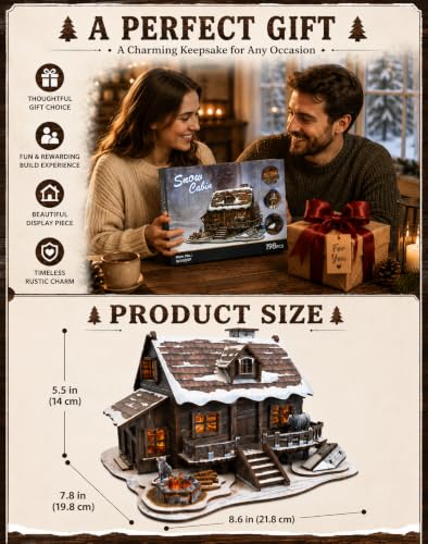 LED 3D Wooden Puzzle Winter Cabin DIY Miniature Building Kit with LED Lights - 3D Craft Rural Wooden Cabin Models Decor Gift for Adult