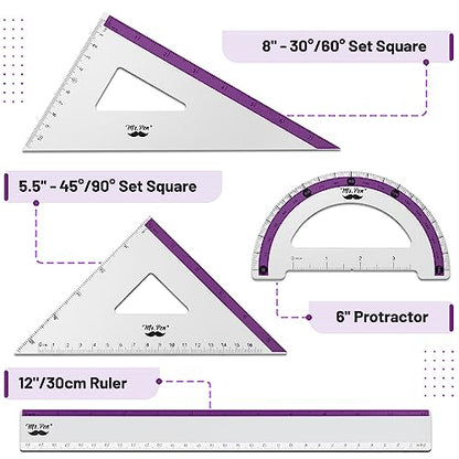 Mr. Pen- Metal Geometry Kit, 4 Pack, 45° & 30°/60° Set Squares - color: Purple Stripes
