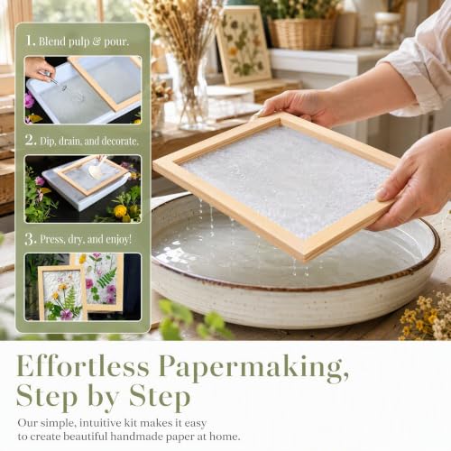 Okllen Set of 4 Paper Making Screen Kit, Wooden Paper Making Frames with Mesh, Absorbent Paper and Sponge for DIY Paper Crafts Size (A4, A5, A6, A7)