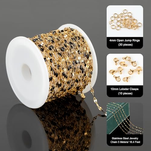 UMAOKANG 16.4ft Gold Stainless Steel Black Enamel Chain for Jewelry Making - color: Gold-Black