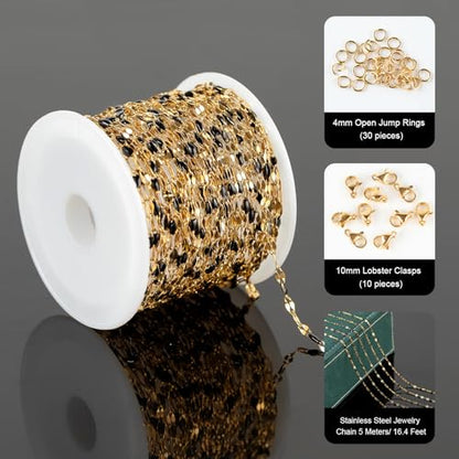 UMAOKANG 16.4ft Gold Stainless Steel Black Enamel Chain for Jewelry Making - color: Gold-Black