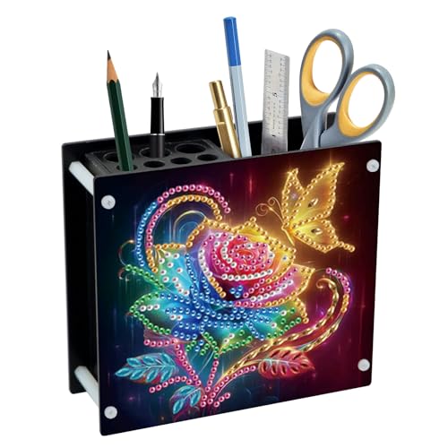 DIY 5D Diamond Painting Pen Holder, Romantic Rose & Butterfly Crystal Rhinestones Pencil Organizer for Women & Gifts, Perfect for Storing Pens, Pencils, and Rulers - color: Rose & Butterfly