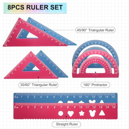 HARFINGTON 8pcs Triangular Ruler Set 15mm Aluminum Geometric Protractor Triangle Engineering Scale Drafting Ruler Kit for Office Home, Blue Red - size: 15mm
