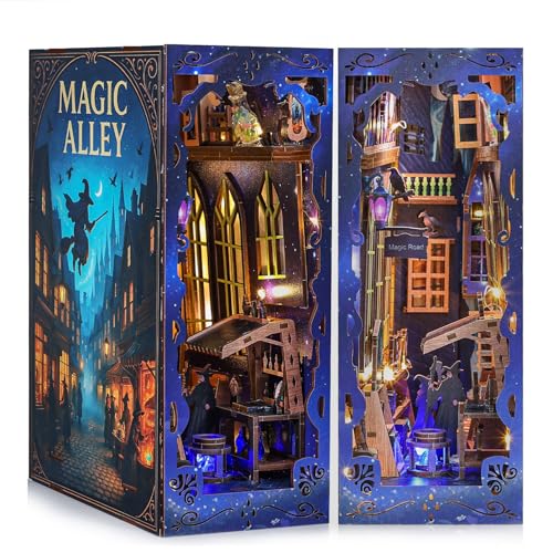 Magic Alley Book Nook Kit - DIY Miniature House Kit for Adults, Teens and Beginners, Magic Miniature Diorama with LED Light, 3D Wooden Puzzle Bookend Bookshelf Insert Decor, Gifts for Fantasy Lovers - style: Magic Alley