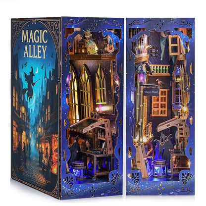 Magic Alley Book Nook Kit - DIY Miniature House Kit for Adults, Teens and Beginners, Magic Miniature Diorama with LED Light, 3D Wooden Puzzle Bookend Bookshelf Insert Decor, Gifts for Fantasy Lovers - style: Magic Alley