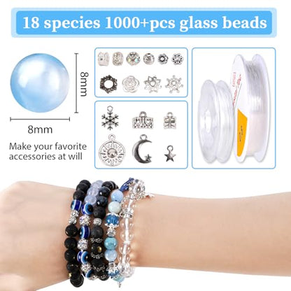 Tunmiok Glass Beads for Bracelets Making Kit, Jewelry Making Supplies with Charms, Crystal String, Spacer Beads, DIY Bracelet Necklace Craft Kit for Adults (Blue) - color: Blue