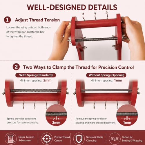 Adjustable Standing Bead Loom, Wood Beading Loom Kit with 4 Length Options, Ergonomic Angled Design, Work Area 7.5" to 10.5", Full Size 7" x 14" x 10", Includes Threader & Brush, for Jewelry & Crafts