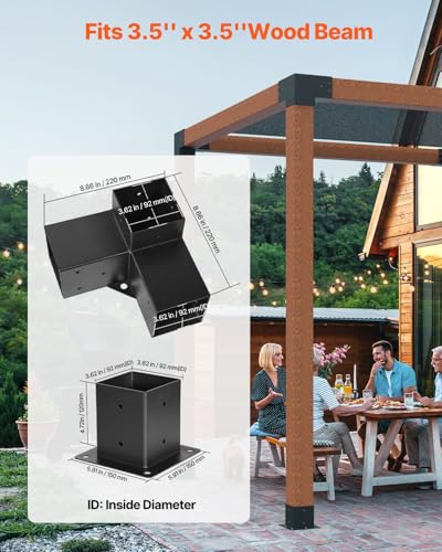 VEVOR Pergola Bracket Kit, 4x4 Inch (Inner Size 3.62x3.62 in), 4 Pcs 3-Way Heavy Duty Corner Bracket Woodworks DIY Post Base Kit, Easy Installation Wooden Beams for Gazebos, Patio Pergolas, Log Cabin - size: 4PC 3-Way + 4PC Post Base 4*4 SET