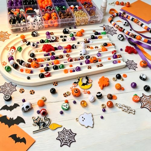 XBYzuzi 2600Pcs Halloween Beads for Bracelets Jewelry Making Kit, Orange Black White Purple alloween Polymer Clay Beads Pumpkin Evil Eye Skull Bead with Ghost Spider Charms for DIY Craft Earring - color: Black+White