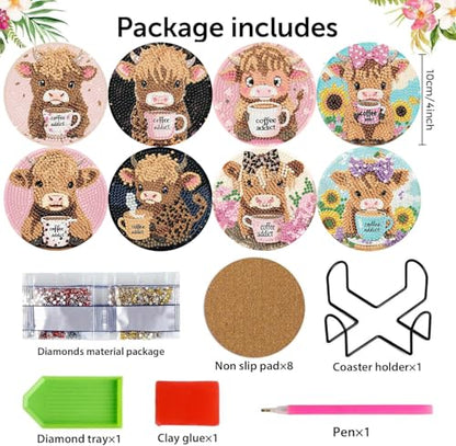 mrpwnle Diamond Art Coasters Kits, 8 Pcs Cow Diamond Painting Coasters Kits - color: Coffee Cow