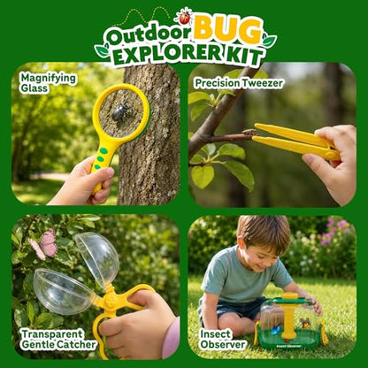 Bug Catcher Kit for Kids, Insect Observation Box Outdoor Explorer Toys, 360° Rotating Viewer with Magnifying Glass & Tweezers, STEM Nature Adventure Gift for Toddlers Boys Girls Age 3-6