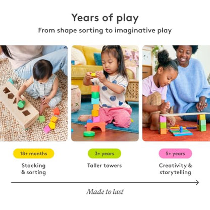 LOVEVERY | The Block Set | Solid Wood Building Blocks and Shapes + Wooden Storage Box, 70 Pieces, 18 Colors, 20+ Activities, Toddler Block Set and Converts into a Pull Car, Ages 12 to 48+ months