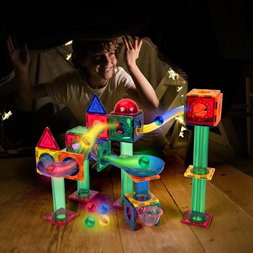 PicassoTiles Motion Activated Marbles 4pc LED Light-Up Glow in The Dark Translucent Balls for Marble Run Race Racetrack Maze Magnetic Construction Magnet Tiles Building Block STEM Education Kids Toys - style: Marbles 4pc LED