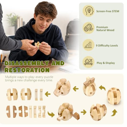 VolksRose 9pcs Wooden Brain Teaser Puzzles, IQ Challenge Puzzle Games, Logic Smart Mind Puzzle Box Lock Toy Removing Assembling 3D Small Puzzle Gift Set for Adults Teenagers Kids, 1.8inch 4.5cm - color: A-9pcs-4.5cm