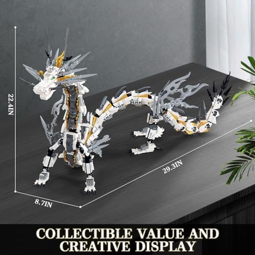 HIGH GODO Dragon Building Blocks Sets for Adults, White Mechanical Dragon Animal Building Model Collectible Display Toys, Cool Creative Gifts for Teens Fans (1485 Pieces) - style: White Hurricane Dragon