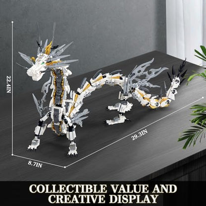 HIGH GODO Dragon Building Blocks Sets for Adults, White Mechanical Dragon Animal Building Model Collectible Display Toys, Cool Creative Gifts for Teens Fans (1485 Pieces) - style: White Hurricane Dragon