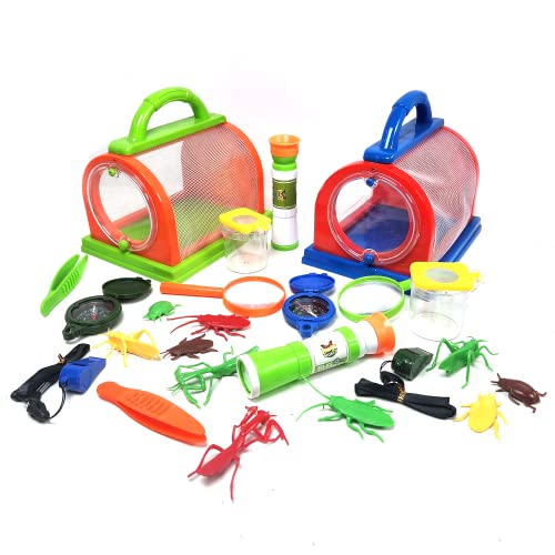 Gosu Toys Critter Cage Bug Catcher with Tools Set - Cage, Tweezers, Magnifying Glass, Compass, Whistle, Monocular, Magnifier Jar ((2 Pack))