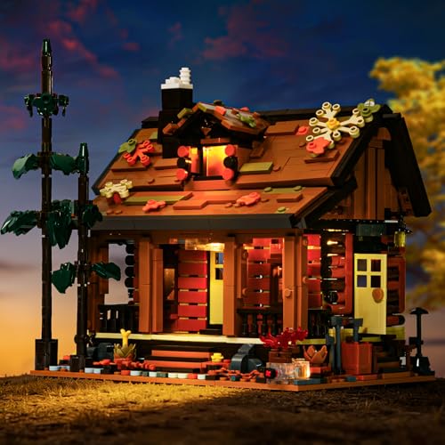 SATHIBI Wood Cabin Building Blocks Set for Adults,Forest Wooden House Building Toys with Light,Log Cabin Construction Kits,Home Decor Gifts for Adults and Teen 14+(1969Pcs)