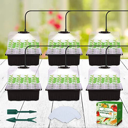 Seed Starter Tray with Light, 6PCS Seed Starter Kit with Grow Light, Seedling Starter Trays with Humidity Domes, Covers Height 3.9", Indoor Gardening Plant Germination Trays - color: Black