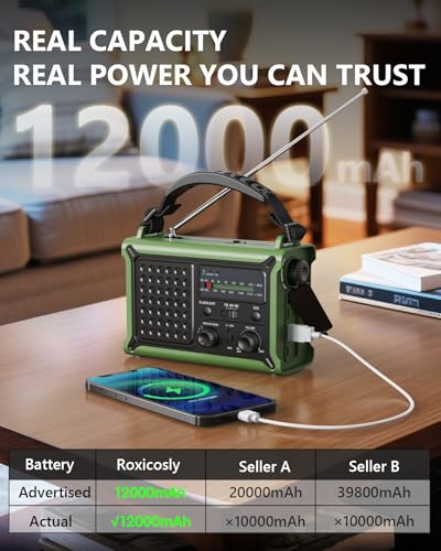 Emergency Weather Radio with Large Solar Panel, Real 12000mAh Battery - color: Army Green