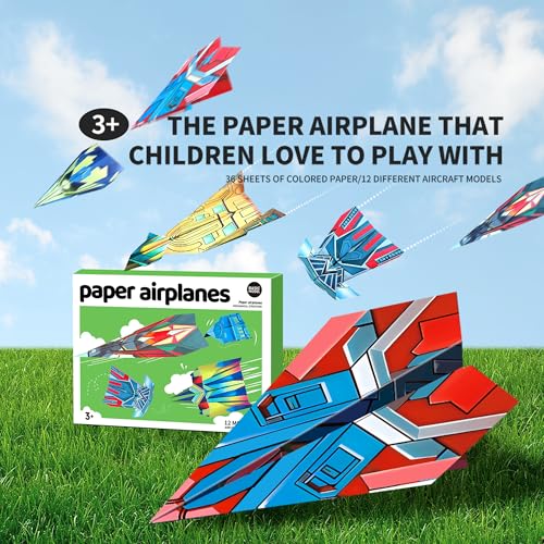 Vexorith Paper Airplane Kit for Kids Ages 8-12, 5-8 – 36 Designer Origami Papers with 12 Flying Plane Styles, STEM Craft & Educational Toy Gift for Boys Girls