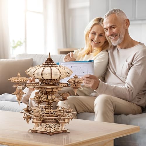 3D Wooden Puzzles for Adults, SkyCity Music Box Model Kit, 600+ Pcs Cityscape Design, Challenging Mechanical DIY Craft, STEM Toy and Unique Gift for All Occasions