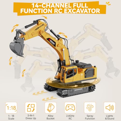 Remote Control Excavator Toy for Boys, 3-in-1 RC Excavator with Alloy Bucket, Breaker & Grapple, Construction Vehicle Toys with Lights & Sounds, 2×1200mAh Batteries, Birthday Gift for Kids 8-12 - size: 1:18 Scale