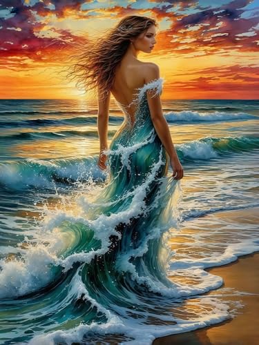 5D Ocean Wave Woman Diamond Art kits for Adults Beginners 12x16inch - color: KM1073-1