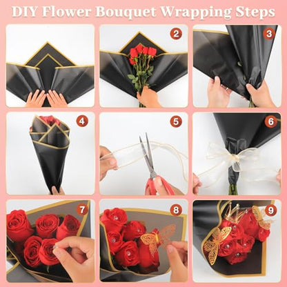 52Pcs Flower Bouquet Wrapping Paper Accessories Kit, 20 Sheets Pink Waterproof Floral Wrapping Paper, 12 Gold 12 Pink Butterflies, 5 Cards, 1 Ribbon, 1 Letter 1 Rhinestone Sticker (Gold Edge) - color: Pink (Gold Edge)