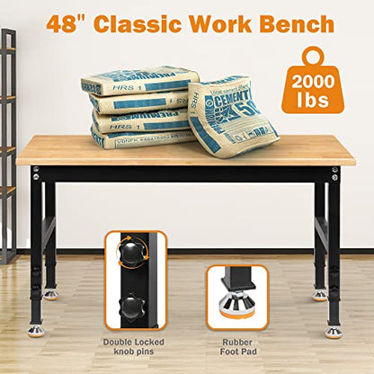 Betterhood 48" Heavy-Duty Adjustable Workbench for Garage, Rubber Wood Shop Table W/Rubber Pads, Hardwood Workstation Weight Capacity Over 2000 Lbs - size: Rubber Pad / 48"x23.6"x37"