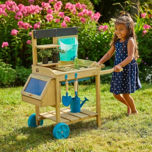 TP Toys Kids Potting Bench, Outdoor Wooden Toy Toddler Gardening Table with Wheels, Sink & Faucet, Storage Shelves, Planting Pots, Durable, Weatherproof Backyard Playset for Kids Age 3+ Years - style: Modern