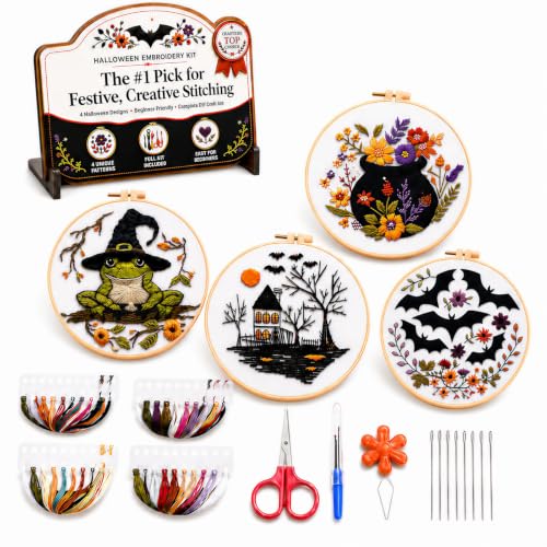 vadeny Halloween Embroidery Cross Stitch Kit for Beginners Adults Gothic Needlepoint DIY Craft Frog Haunted House Cauldron Bat Pattern 4 Set Sewing Hanging Decor with Needles Threads