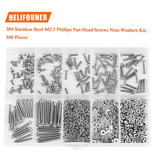 HELIFOUNER 560 Pieces M2.5 x 4mm /6mm /8mm /10mm /12mm /16mm /20mm, Phillips Pan Head Machine Screws, Metric Screws Bolts Washers Nuts Kit, 304 Stainless Steel - size: M2.5, style: Phillips Pan Head