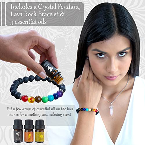 Crystals and Healing Stones Set 31Pcs - Healing Crystals & Stones - 14 Real Raw Chakra Rocks, 7 Gemstones Bottles, 3 Essential Oils,Pendant Necklace, Pendulum Board, Amethyst Cluster, Bracelet & Guide