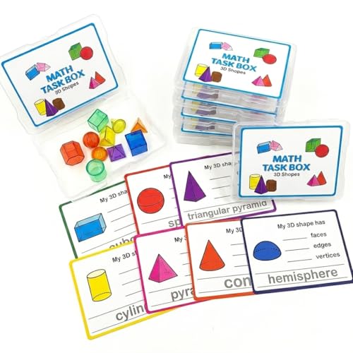 Math Task Boxes Set of 5 Math Manipulatives Themes 230+ Pieces of Number Rods, Base Ten Blocks, Ten Frame Disc Counters, Place Value Blocks, 0-9 Numbers, 3D Shapes, Activity Cards (3D Shapes) - color: 3d Shapes