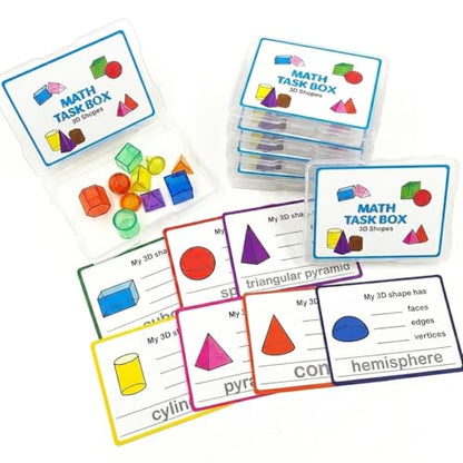 Math Task Boxes Set of 5 Math Manipulatives Themes 230+ Pieces of Number Rods, Base Ten Blocks, Ten Frame Disc Counters, Place Value Blocks, 0-9 Numbers, 3D Shapes, Activity Cards (3D Shapes) - color: 3d Shapes