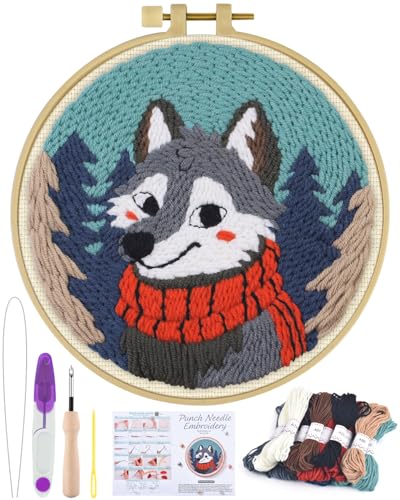 ERKOON Punch Needle Kit for Beginners Adults, DIY Easy Animal Embroidery Set for Starter Art Craft, Needling Punch Project with Patterns, Tools, Yarns, Hoop, Instruction (Wolf) - color: Wolf