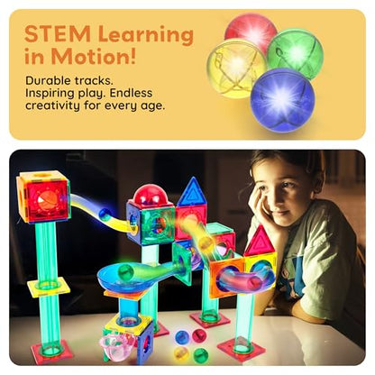 PicassoTiles Motion Activated Marbles 4pc LED Light-Up Glow in The Dark Translucent Balls for Marble Run Race Racetrack Maze Magnetic Construction Magnet Tiles Building Block STEM Education Kids Toys - style: Marbles 4pc LED
